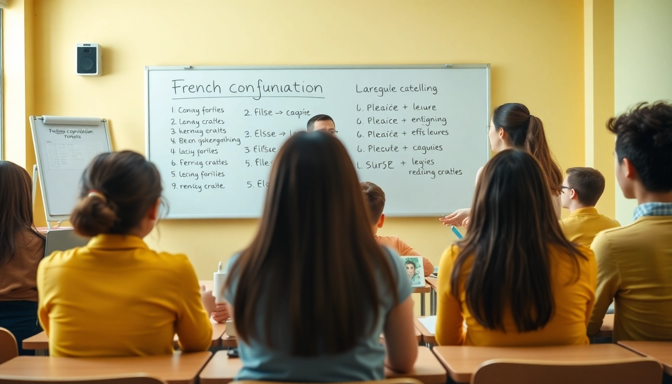 Students mastering French conjugation with interactive lessons in a vibrant classroom setting.