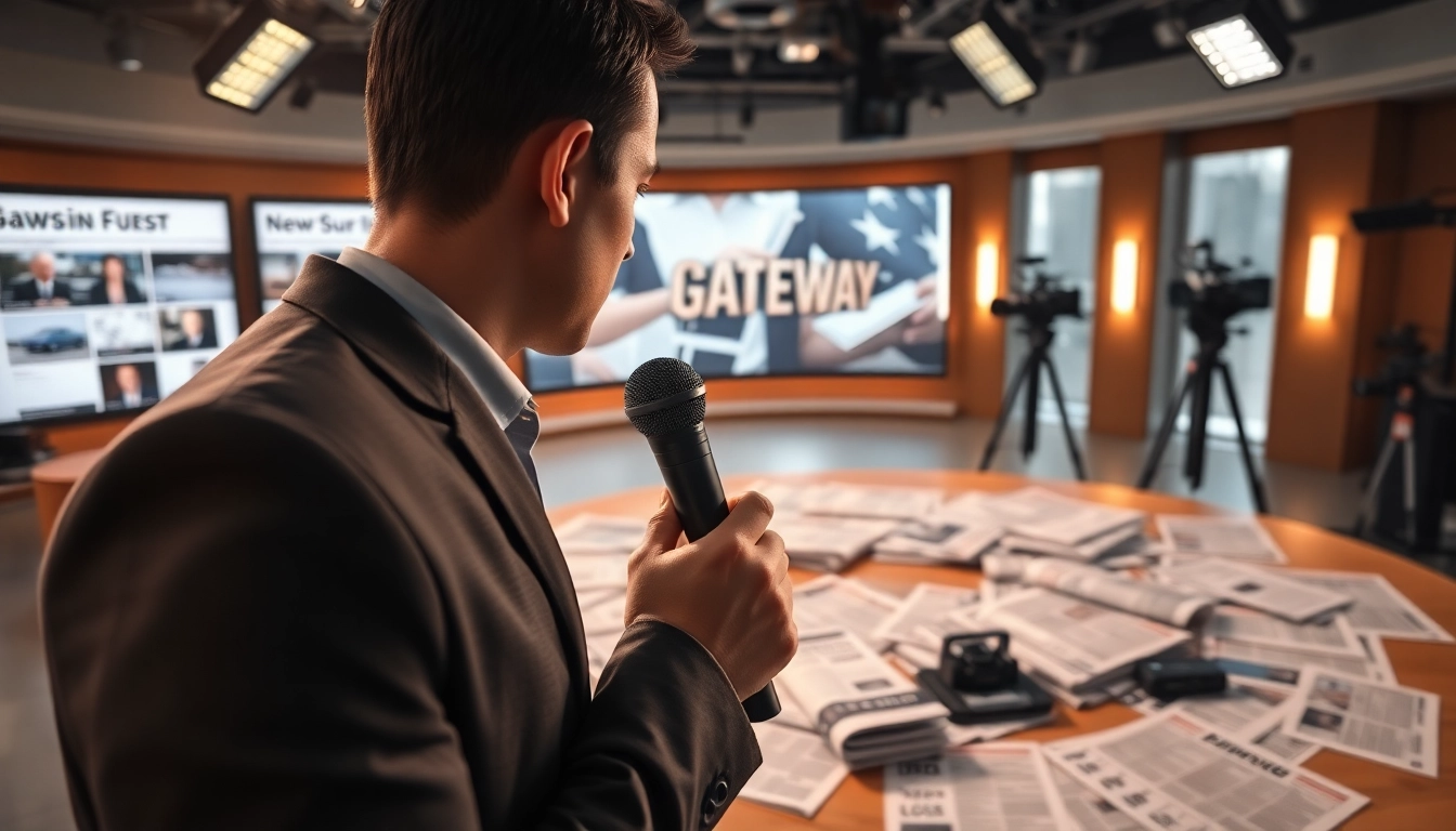 Journalist interviewing a source about gateway pundit news in a dynamic newsroom.