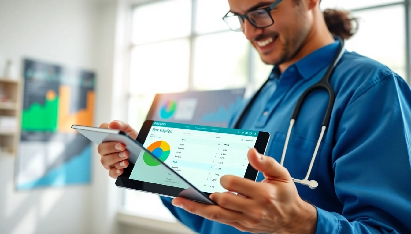 Illustrating the benefits of mobile eprescription with a healthcare provider using a tablet in a modern clinic.