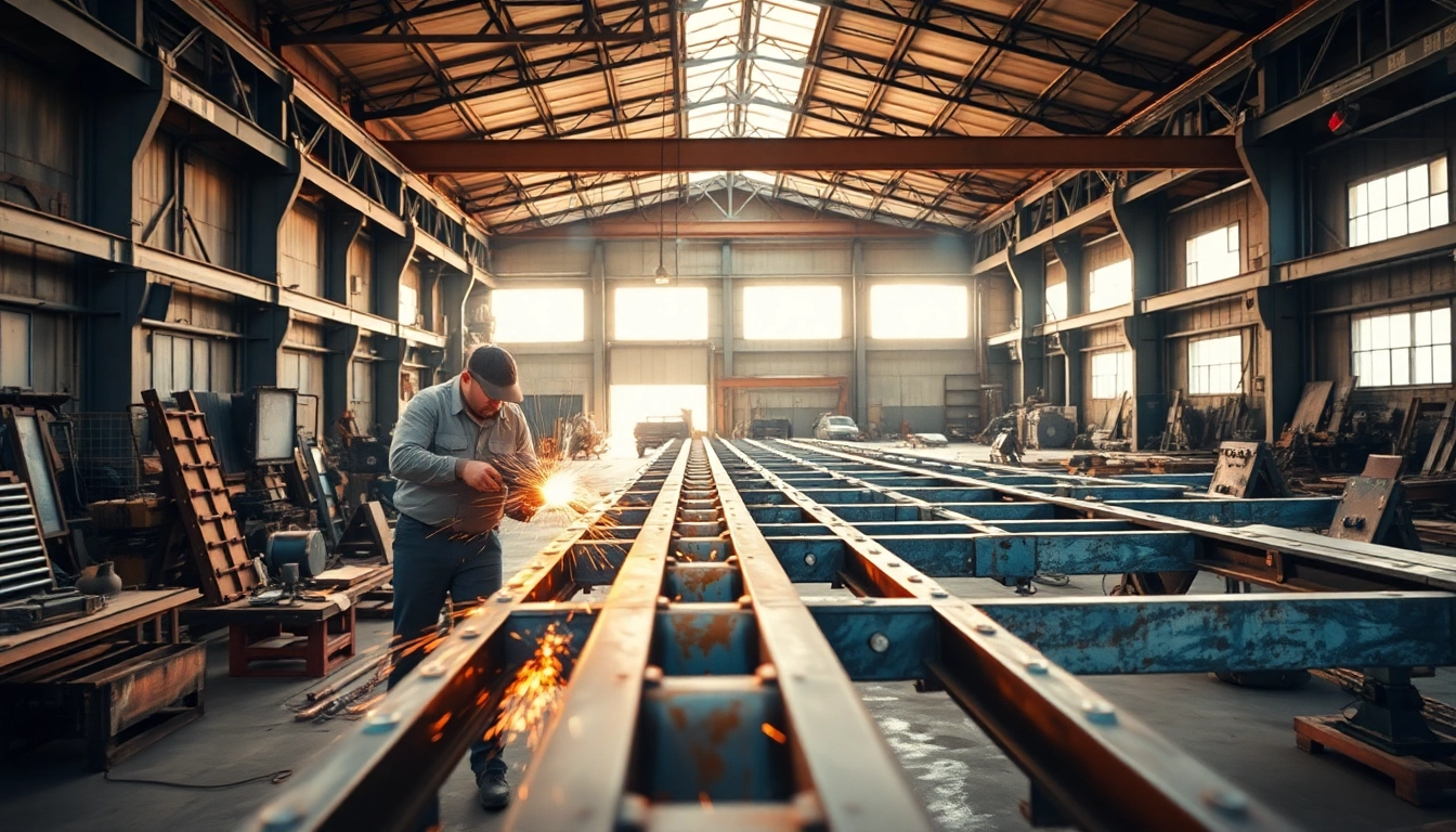 Craftsman performing structural steel fabrication with precision in a bright workshop.